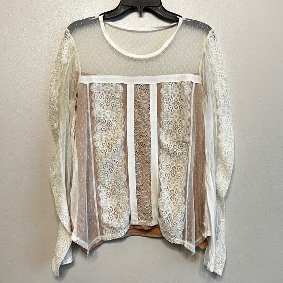 BCBGMaxAzria Tops - BCBGMAXAZRIA Addyson Lace Mesh Long Sleeve Top Off White Size M UEX1U069-101